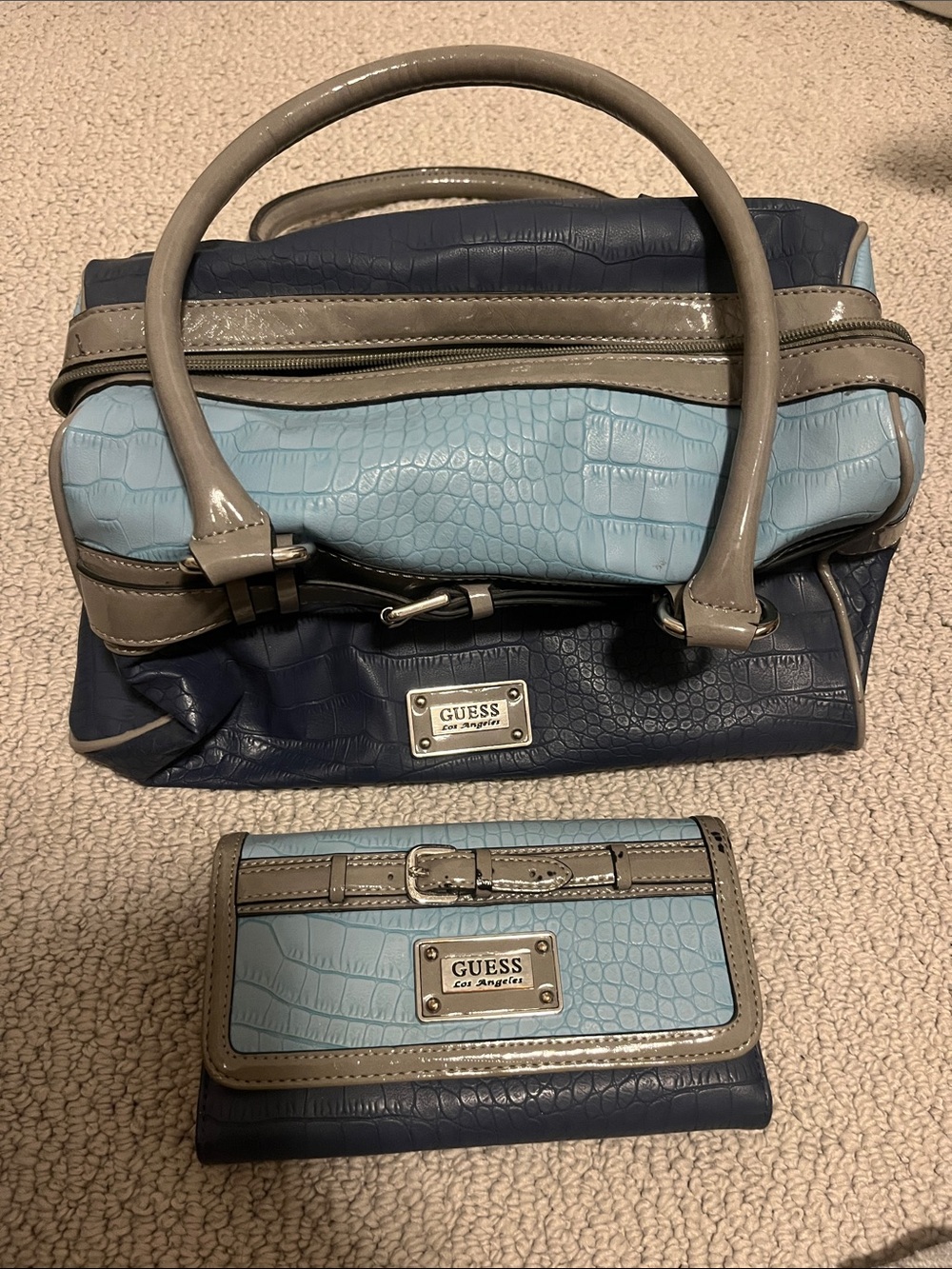 GUESS Blue and Light Blue Croc-Embossed Satchel and Wallet Set